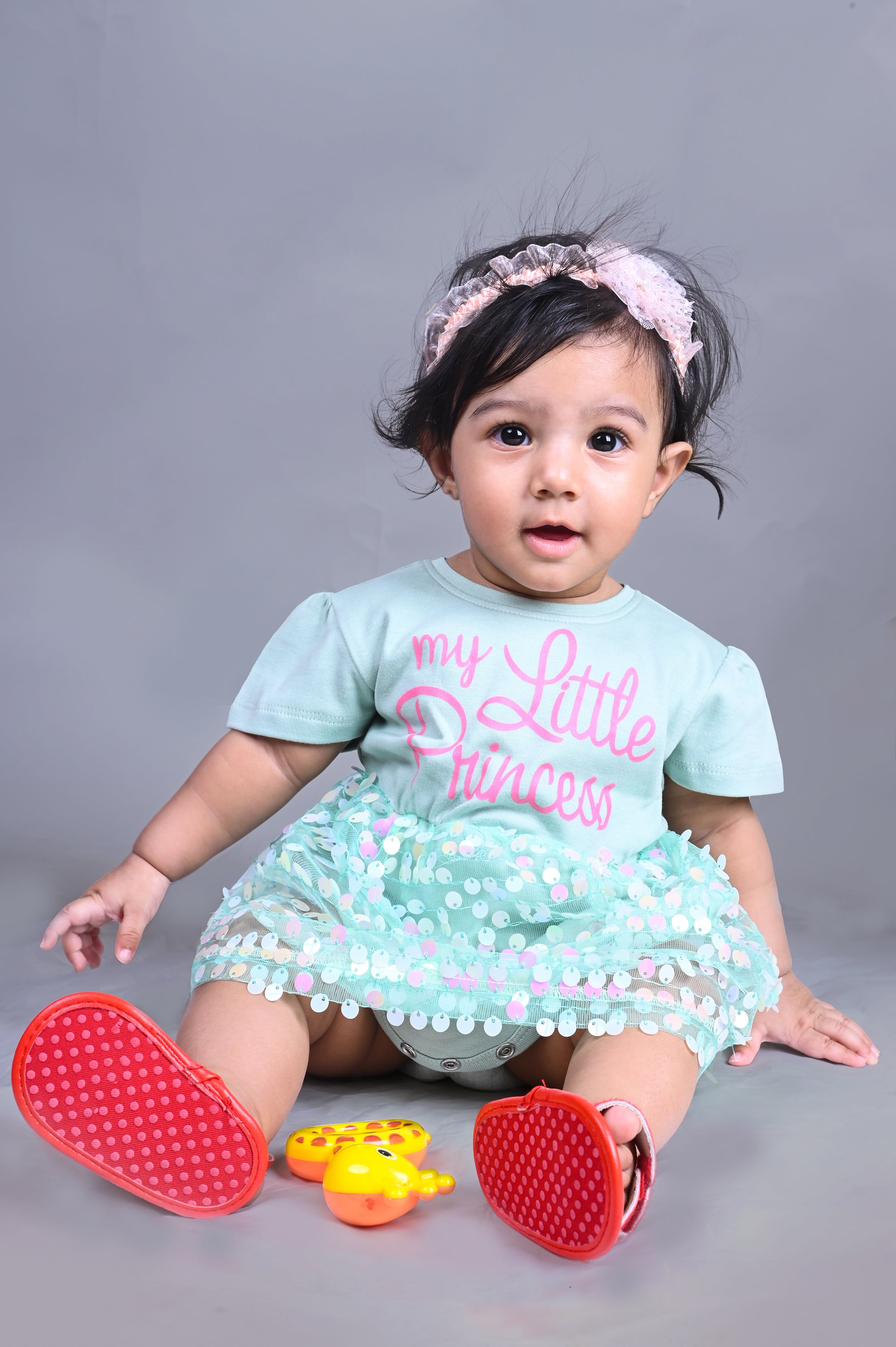 Dear To Dad Pasta Green Color Chest Printed Net Fabric Baby Frock FRK-03