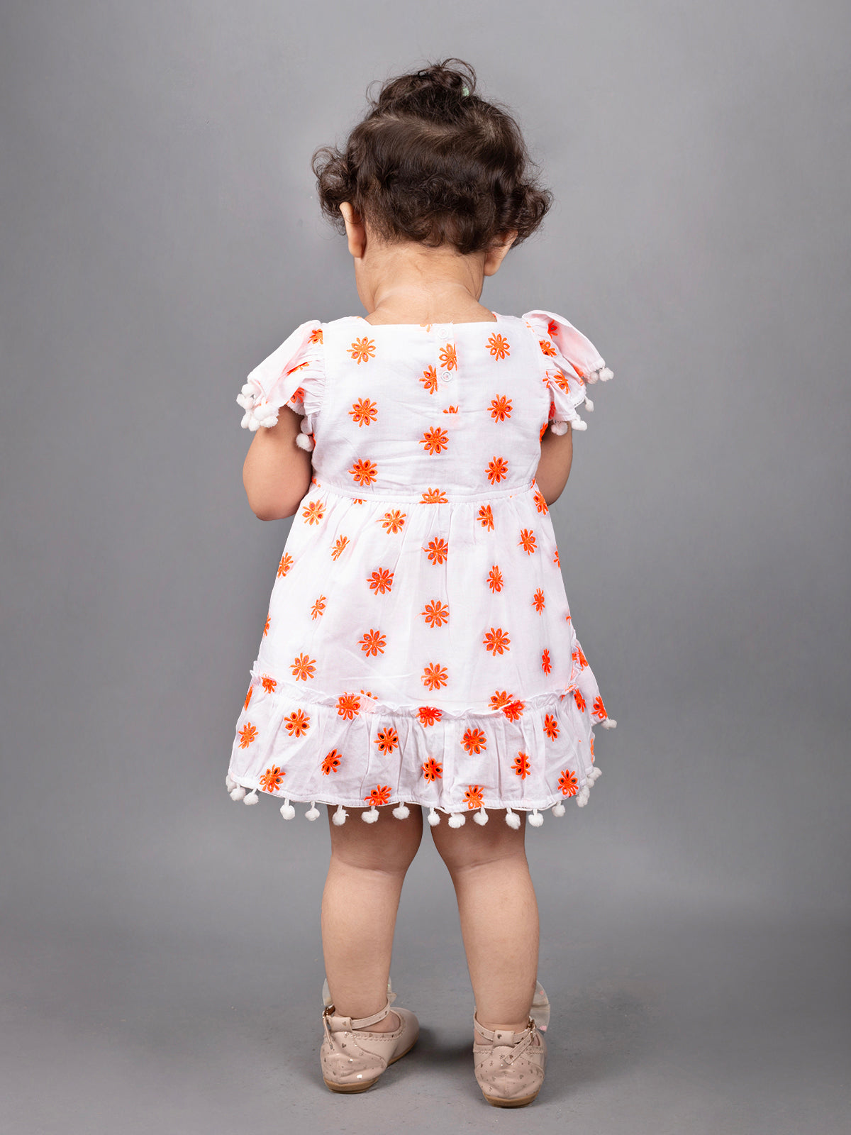 Dear To Dad Pure Cotton all over Hakoba Design Pom Pom work Baby Frock FRK-01Green/Orange