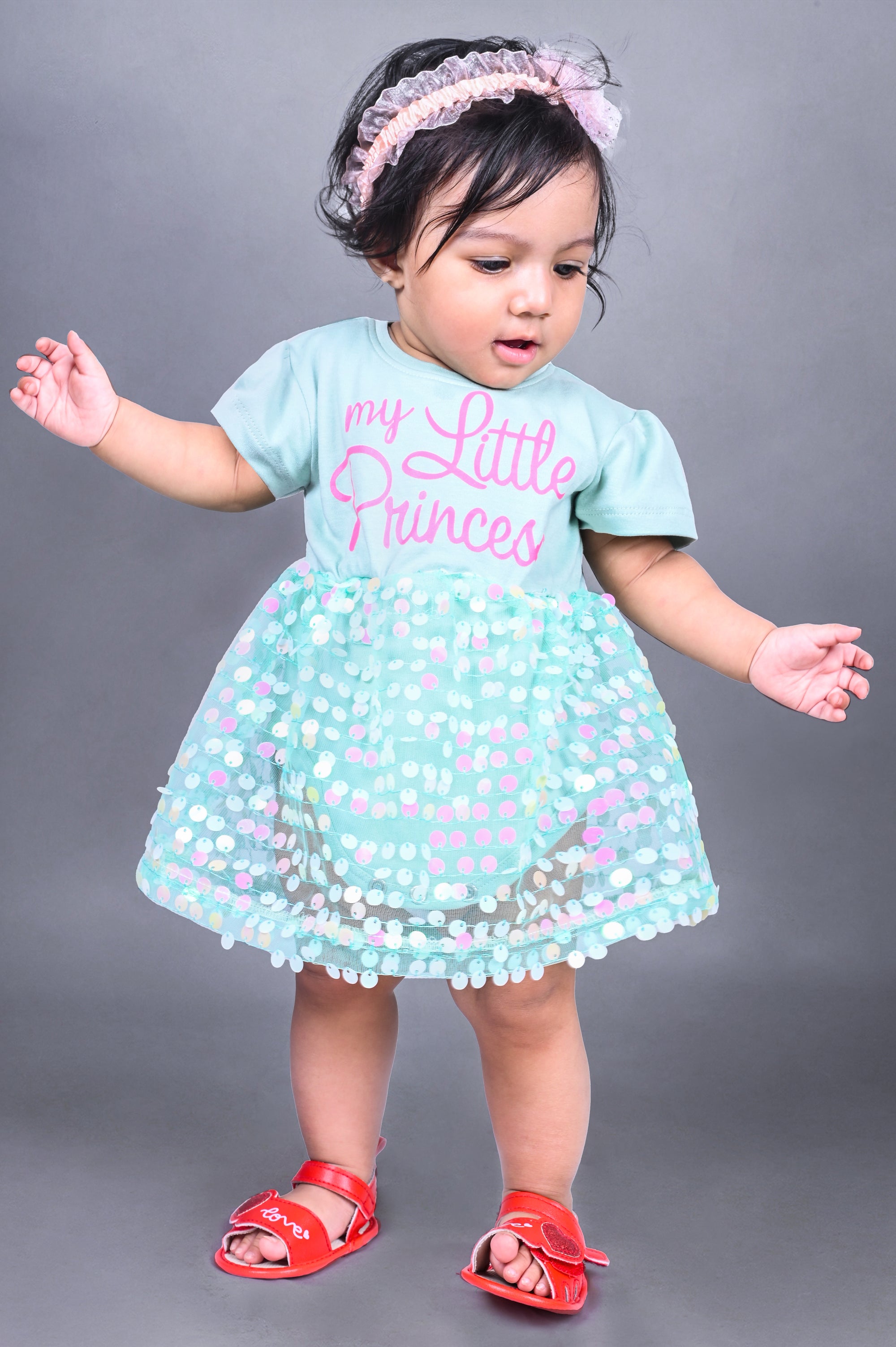 Dear To Dad Pasta Green Color Chest Printed Net Fabric Baby Frock FRK-03