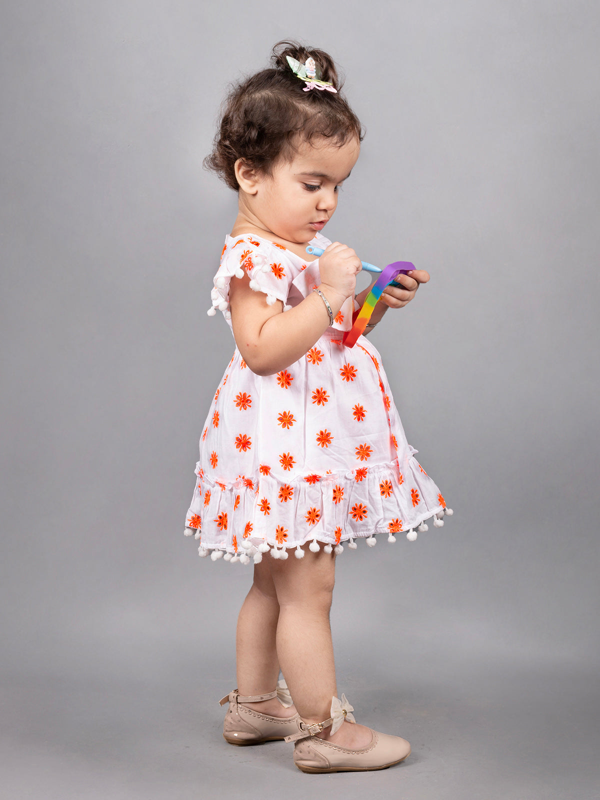 Dear To Dad Pure Cotton all over Hakoba Design Pom Pom work Baby Frock FRK-01Green/Orange