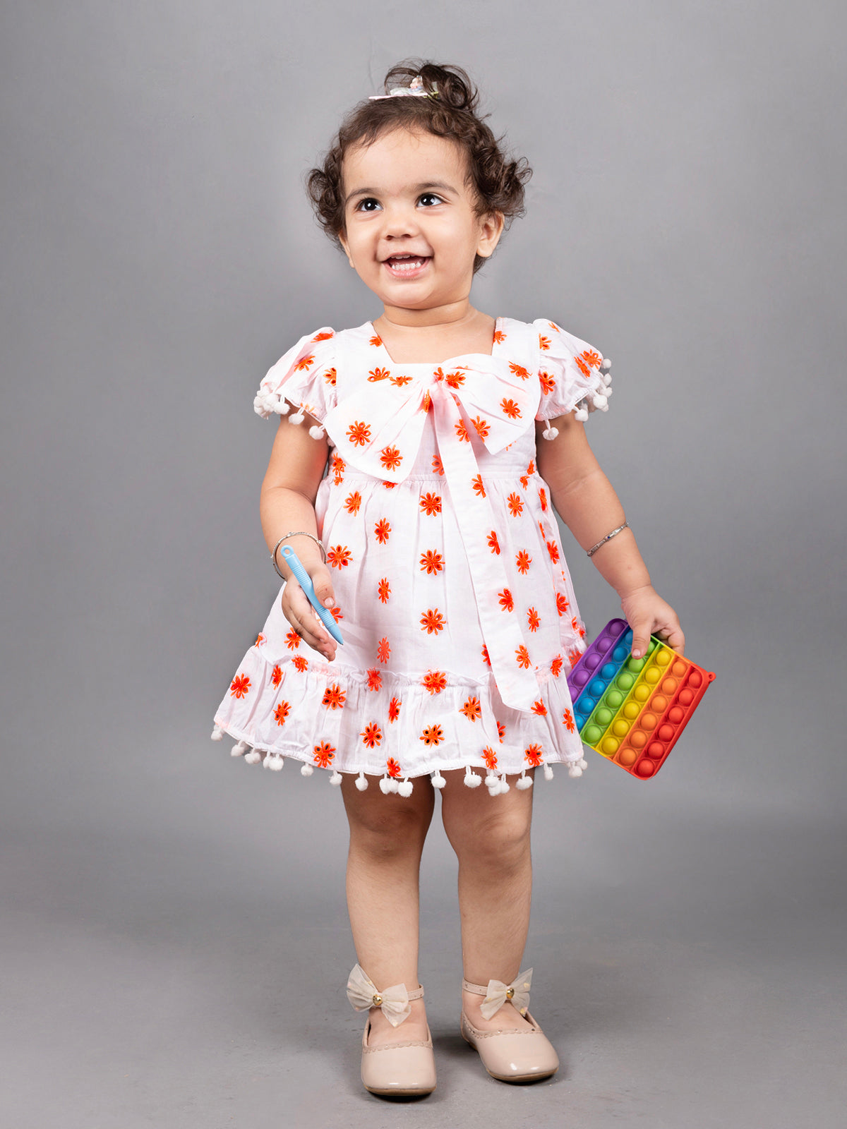 Dear To Dad Pure Cotton all over Hakoba Design Pom Pom work Baby Frock FRK-01Green/Orange