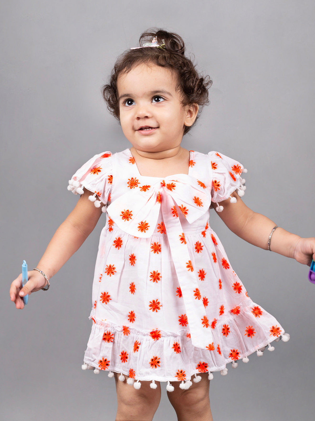 Dear To Dad Pure Cotton all over Hakoba Design Pom Pom work Baby Frock FRK-01Green/Orange