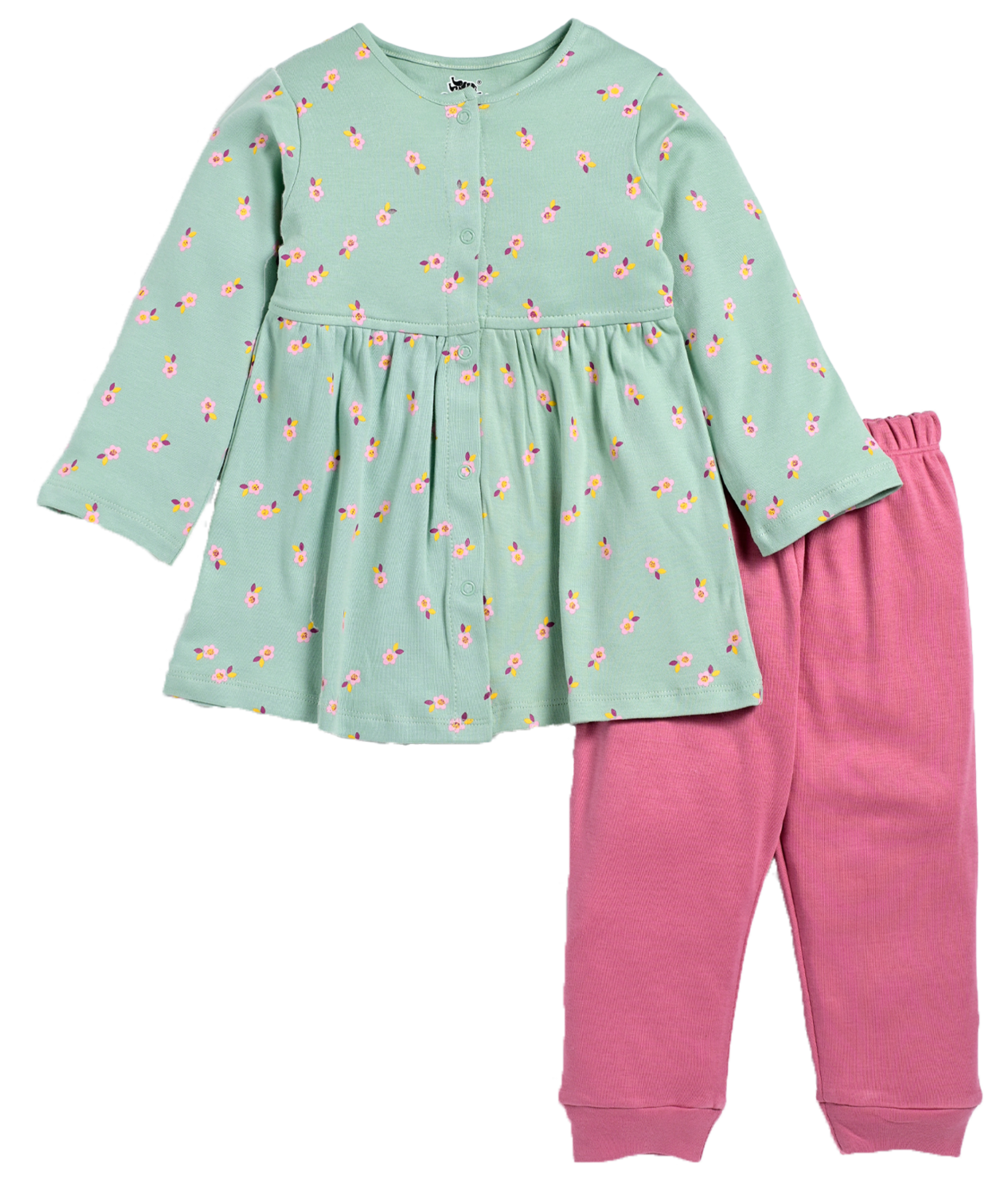 D2D All Over Little Flower Printed Full Sleeve Frock with Pink Pant G-FO-19_Celadon