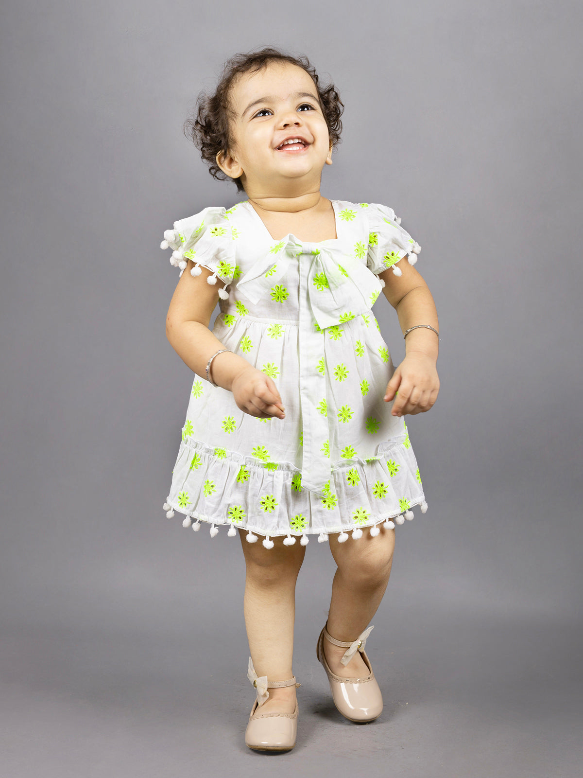 Dear To Dad Pure Cotton all over Hakoba Design Pom Pom work Baby Frock FRK-01Green/Orange