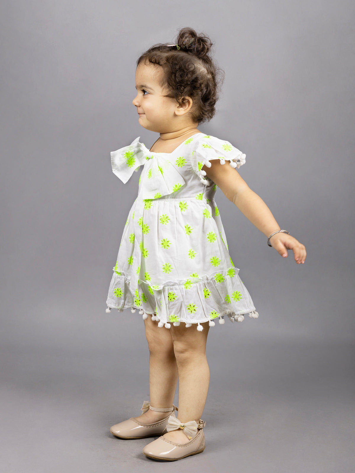 Dear To Dad Pure Cotton all over Hakoba Design Pom Pom work Baby Frock FRK-01Green/Orange