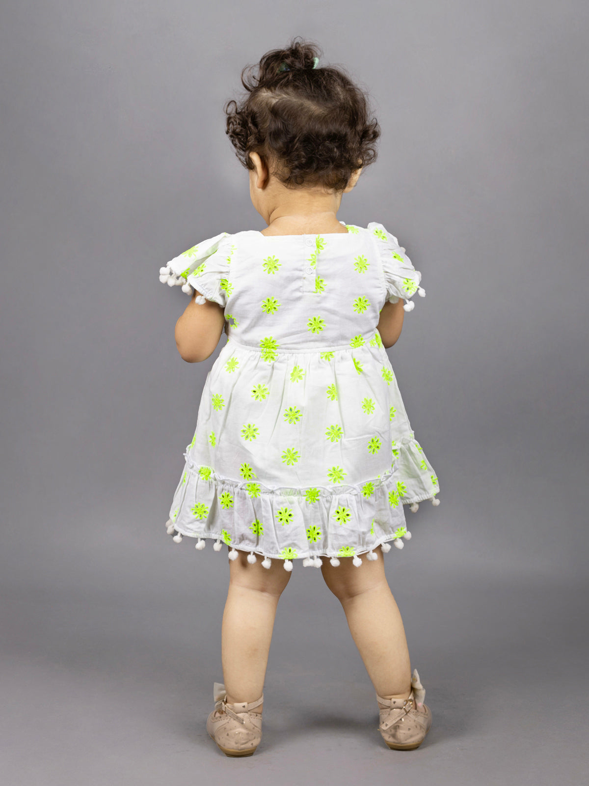 Dear To Dad Pure Cotton all over Hakoba Design Pom Pom work Baby Frock FRK-01Green/Orange