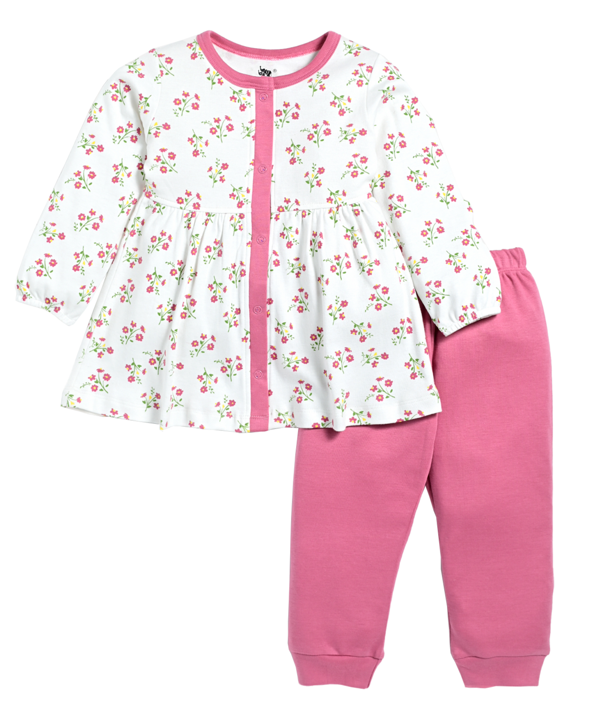 D2D All Over Little Flower Printed Full Sleeve Frock with Pink Pant G-FO-25_White