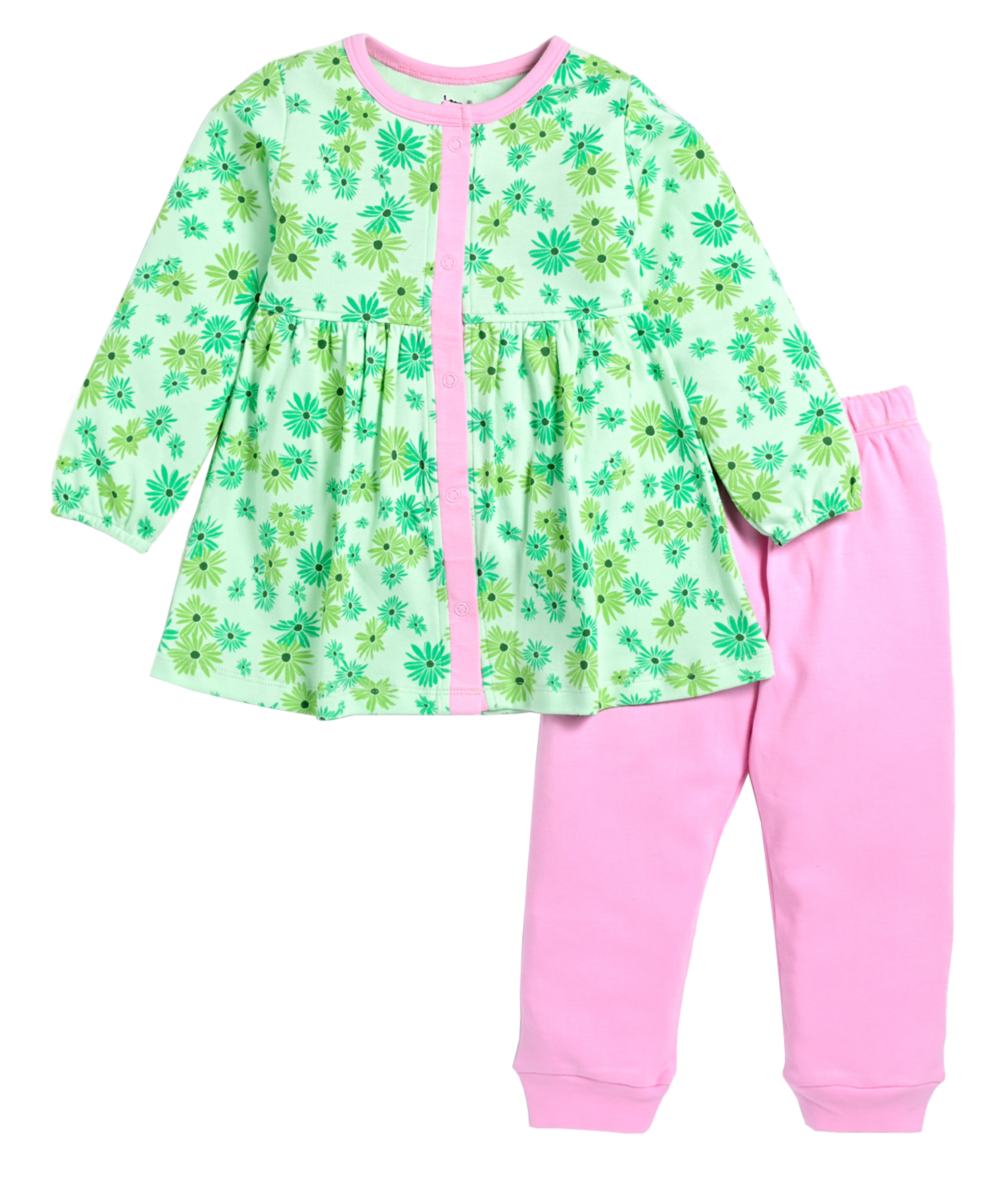 D2D All Over Little Flower Printed Full Sleeve Frock with Pink Pant G-FO-25_Green