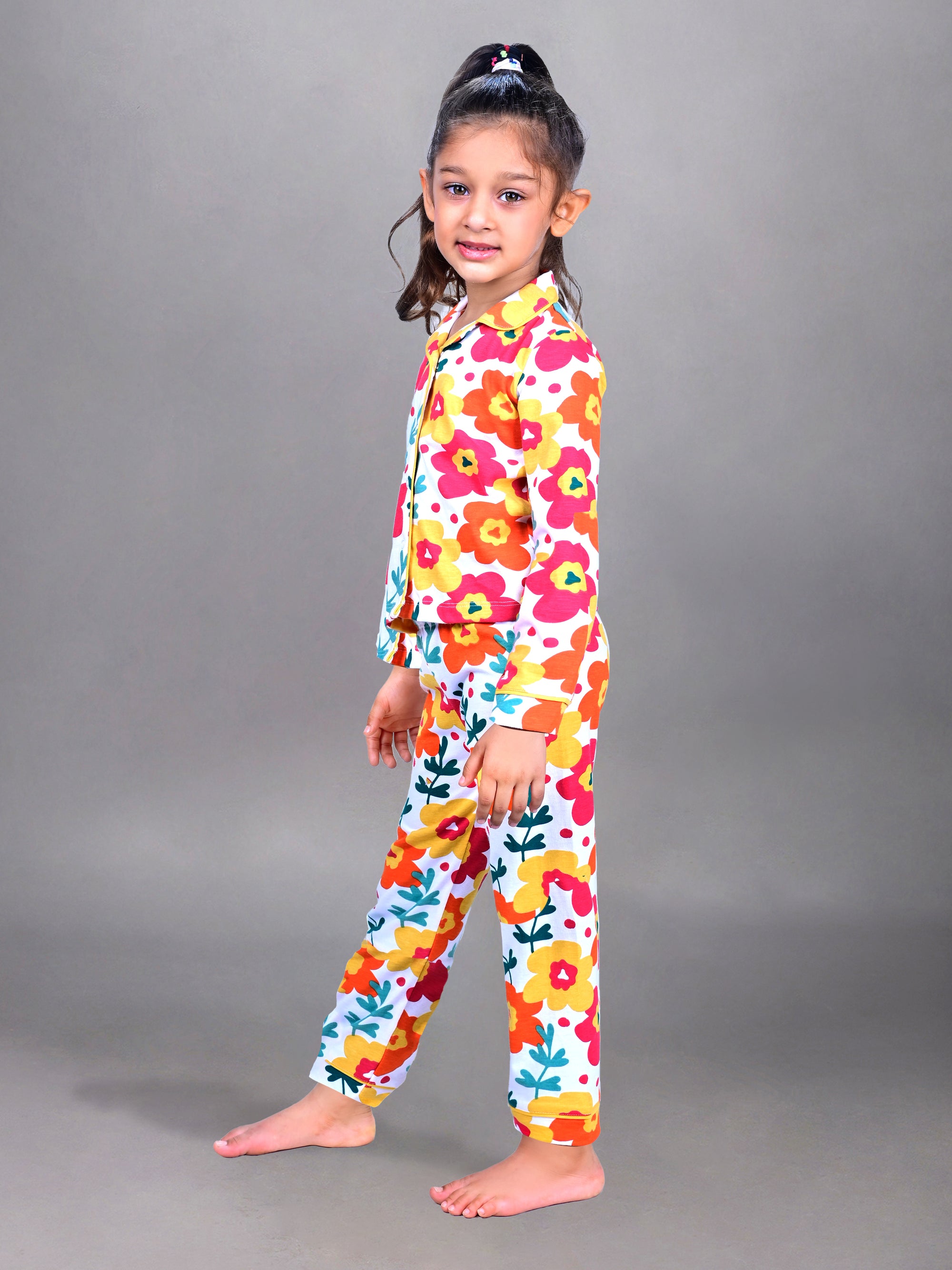 DTD White Color All Over Multi Color  Flower Printed Girls Night Suit G-FS-NS-07