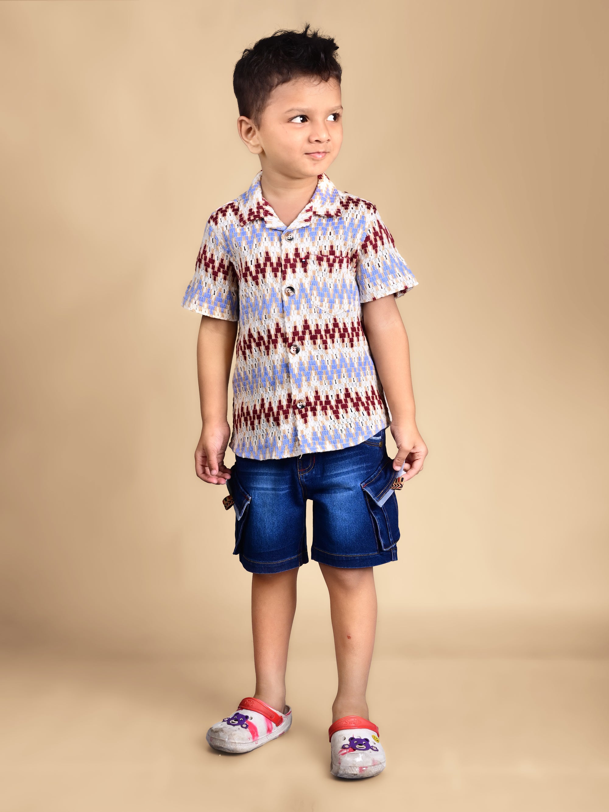 Dear To Dad Pure Cotton Half Sleeve Crochet Fabric Denim Boys Set B-HSD-836