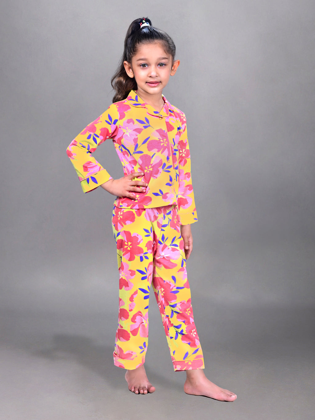 DTD Yellow Color All Over Pink Flower Printed Girls Night SuitG-FS-NS-08