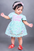 Dear To Dad Pasta Green Color Chest Printed Net Fabric Baby Frock FRK-03