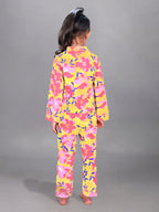 DTD Yellow Color All Over Pink Flower Printed Girls Night SuitG-FS-NS-08