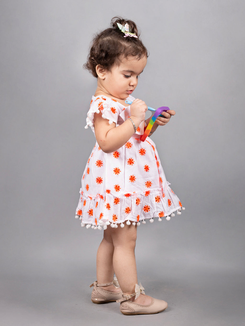 Dear To Dad Pure Cotton all over Hakoba Design Pom Pom work Baby Frock FRK-01Green/Orange