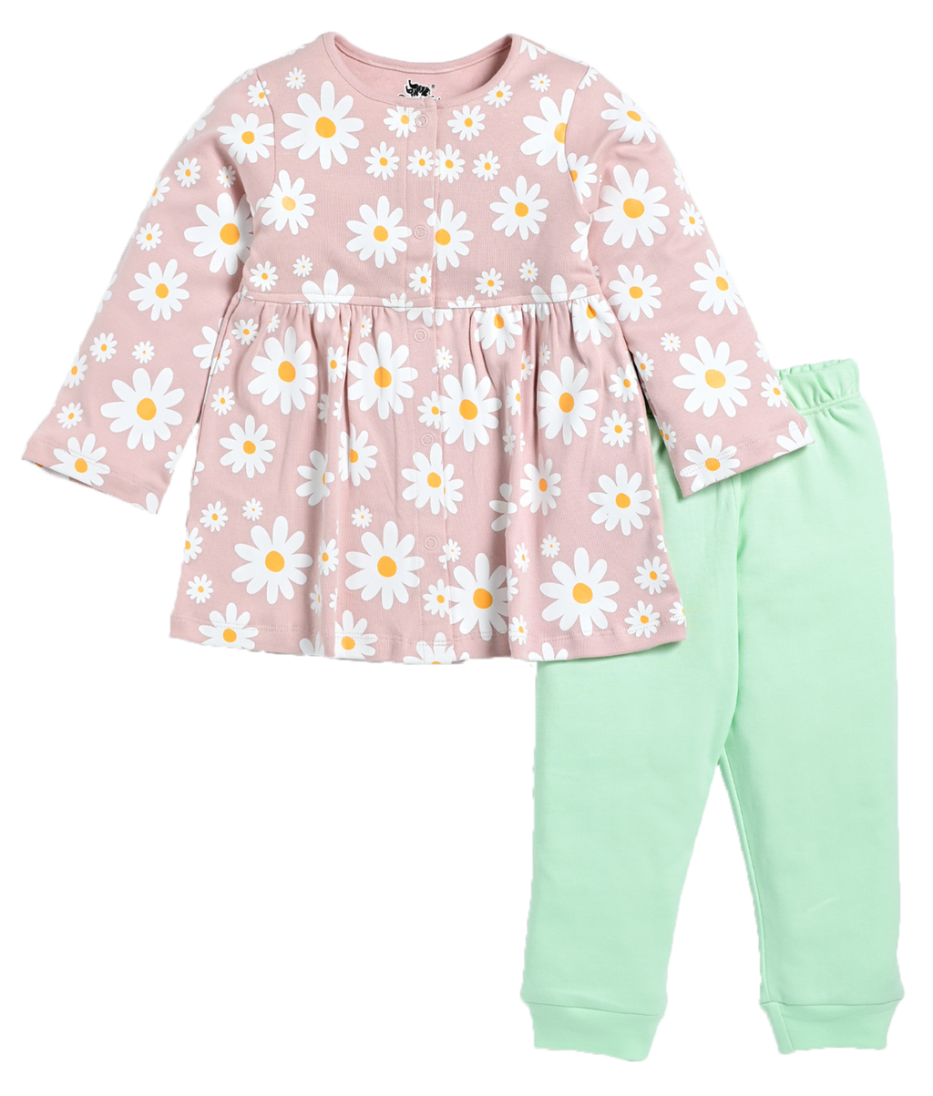 D2D All Over Flower Printed Full Sleeve Frock with Aqua Green Pant G-FO-19_Mistyrose