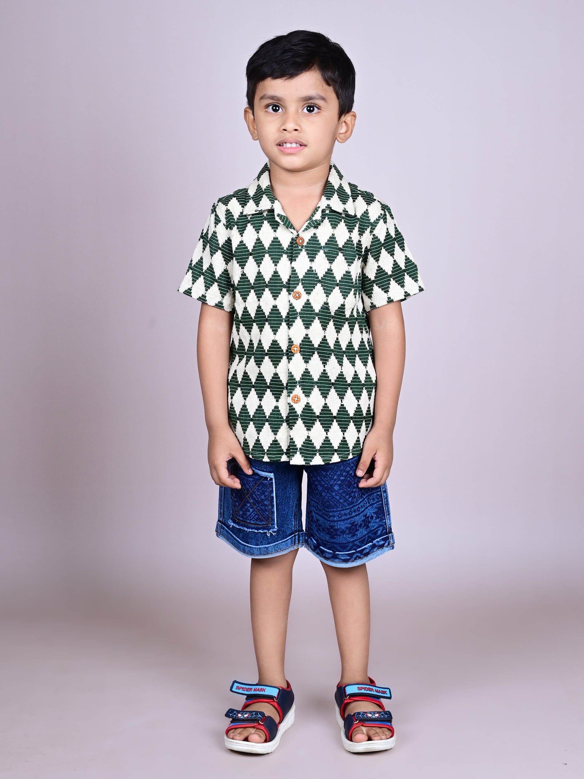 Dear To Dad Pure Cotton Half Sleeve Crochet Fabric Denim Boys Set B-HSD-832