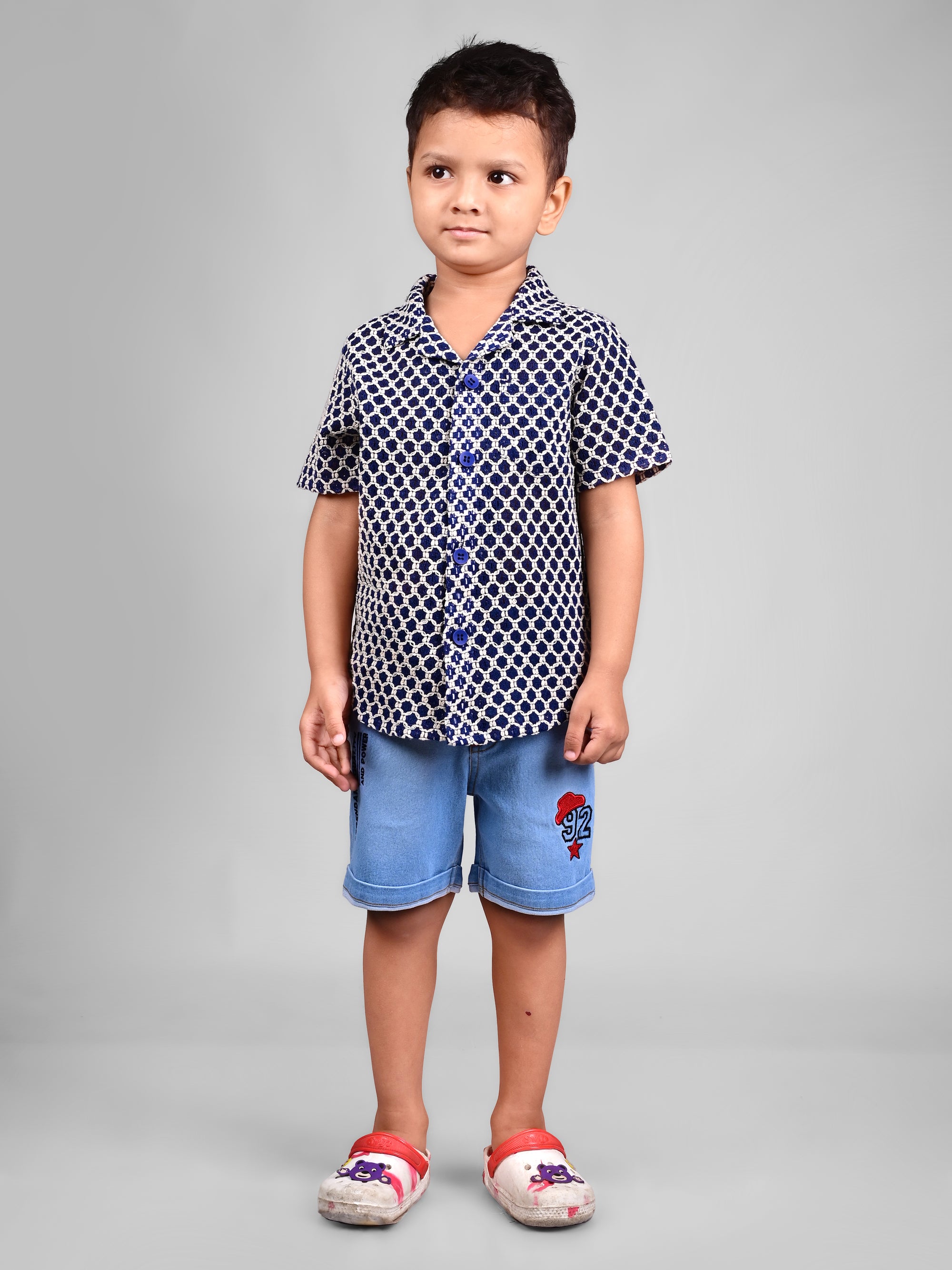 Dear To Dad Pure Cotton Half Sleeve Crochet Fabric Denim Boys Set B-HSD-829
