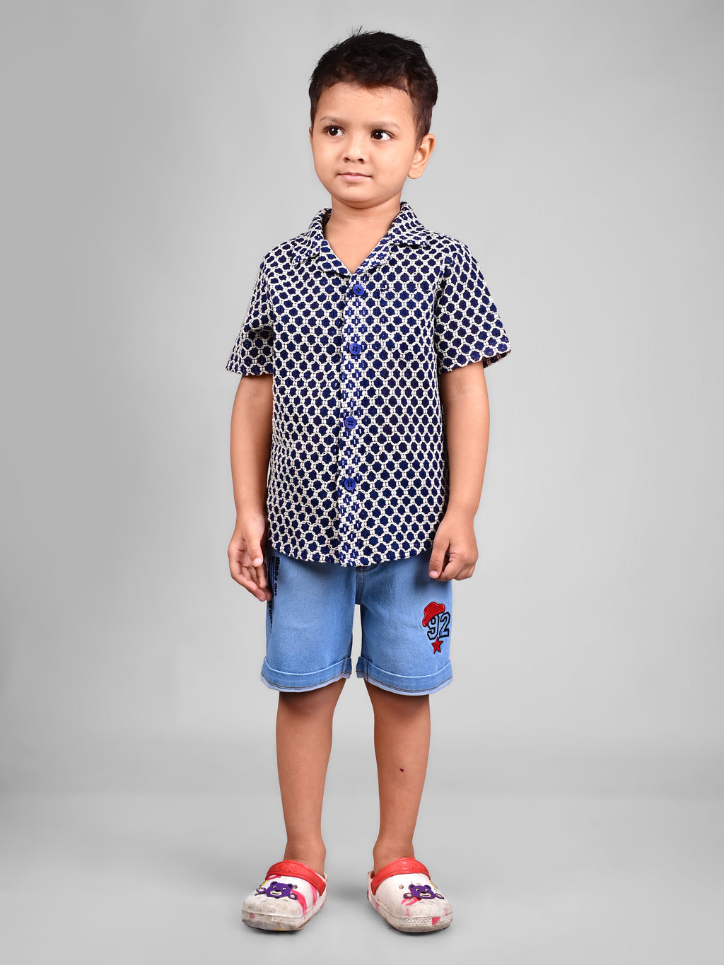 Dear To Dad Pure Cotton Half Sleeve Crochet Fabric Denim Boys Set B-HSD-829