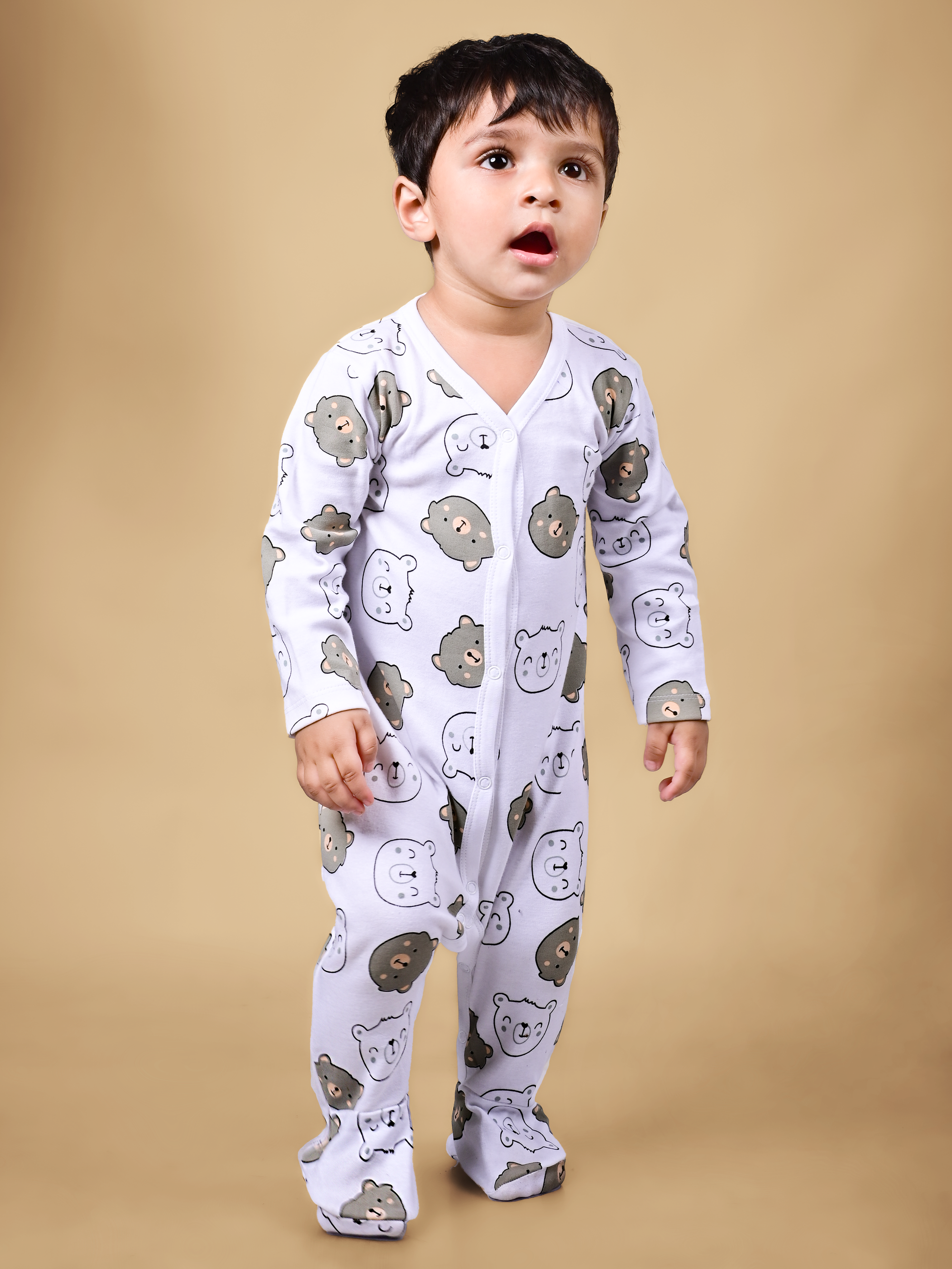 Dear To Dad Pure Cotton Full Sleeve all over Animal Face Printed Front Open Baby Romper G-FS-006B