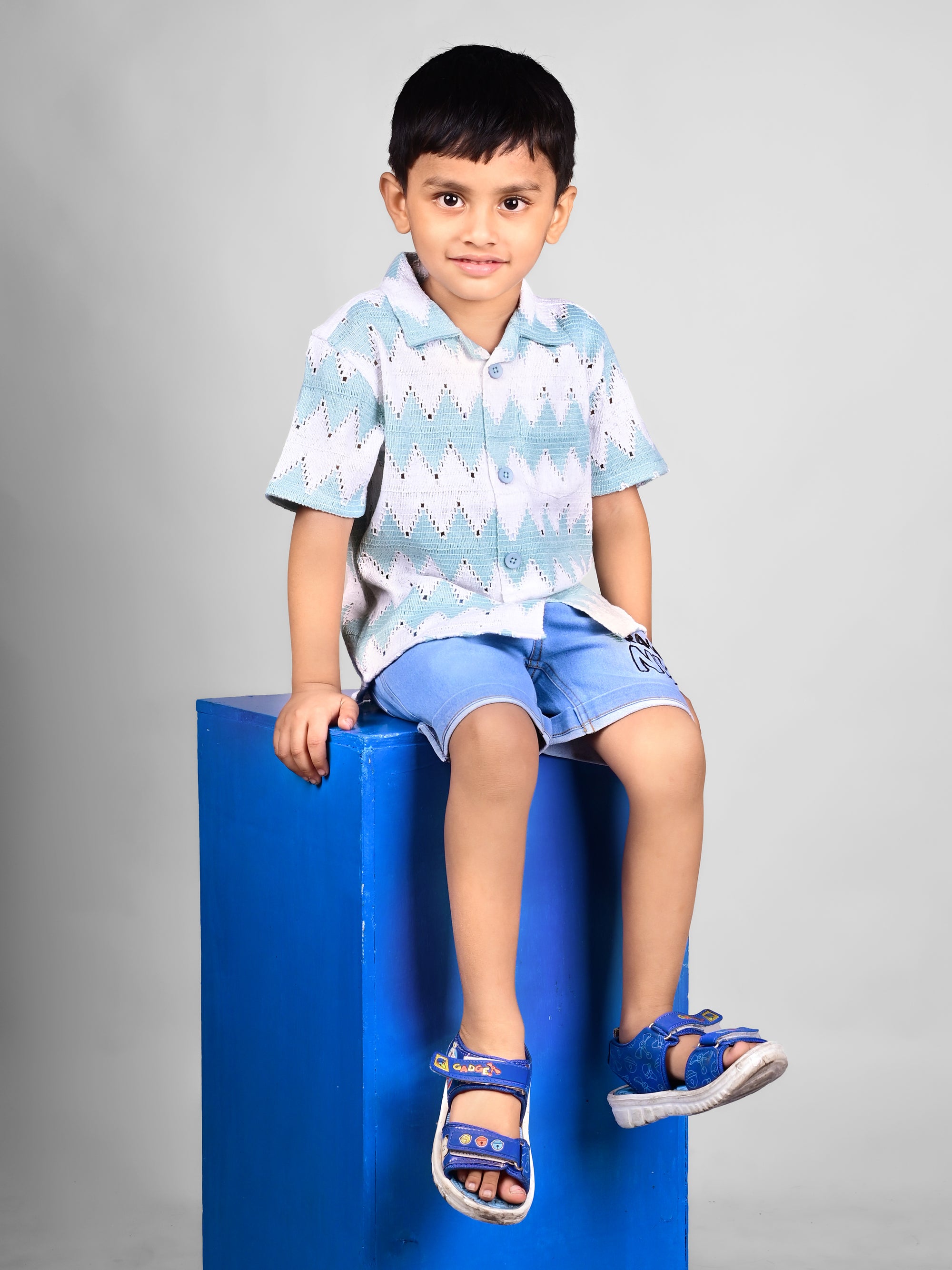 Dear To Dad Pure Cotton Half Sleeve Crochet Fabric Denim Boys Set B-HSD-828