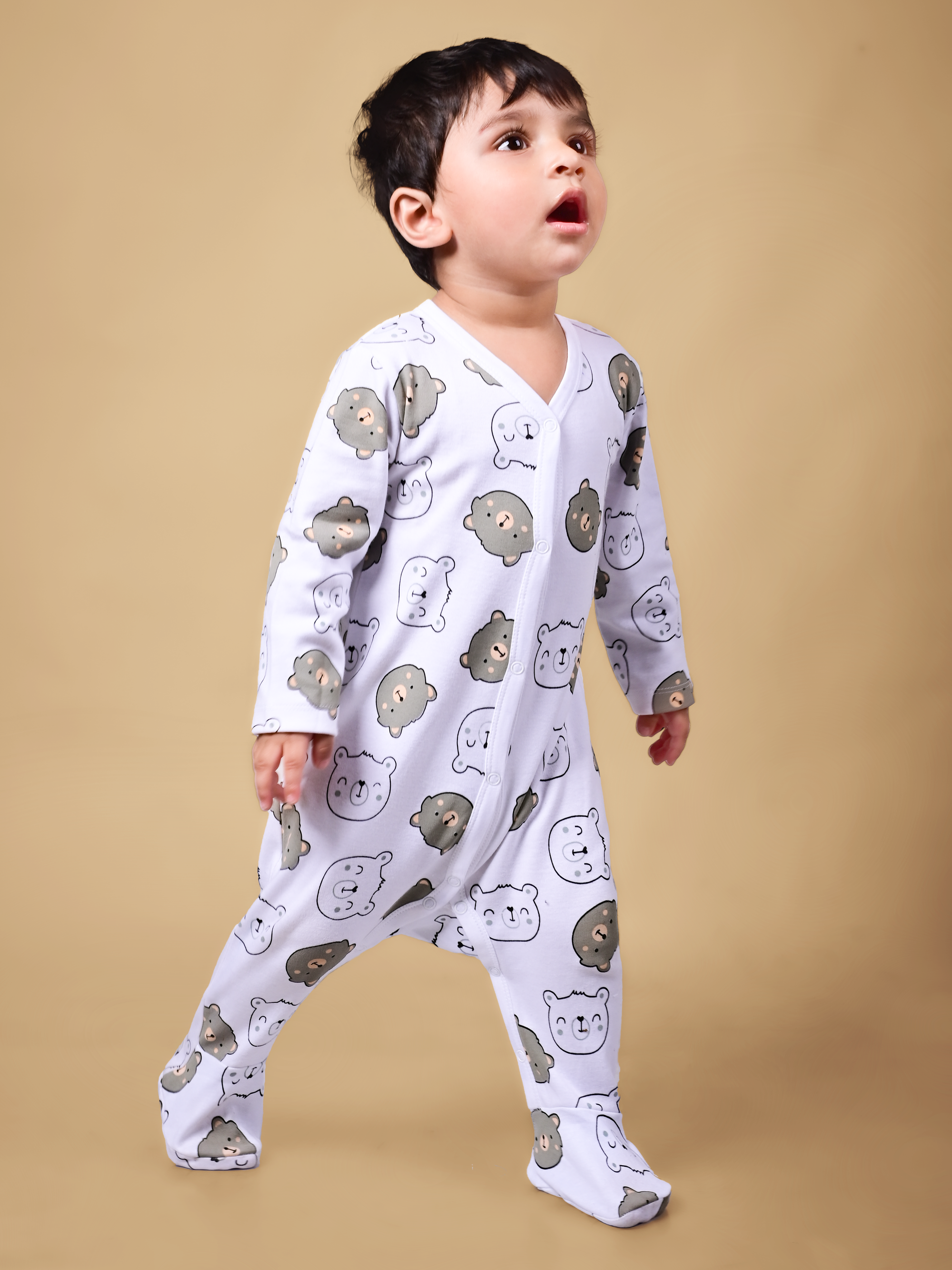 Dear To Dad Pure Cotton Full Sleeve all over Animal Face Printed Front Open Baby Romper G-FS-006B