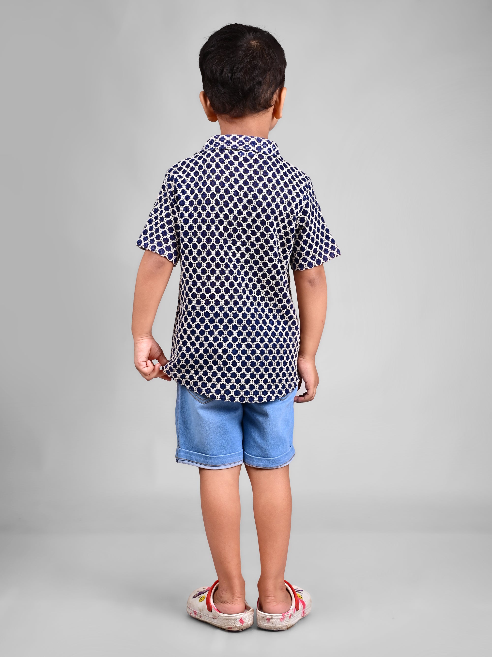 Dear To Dad Pure Cotton Half Sleeve Crochet Fabric Denim Boys Set B-HSD-829