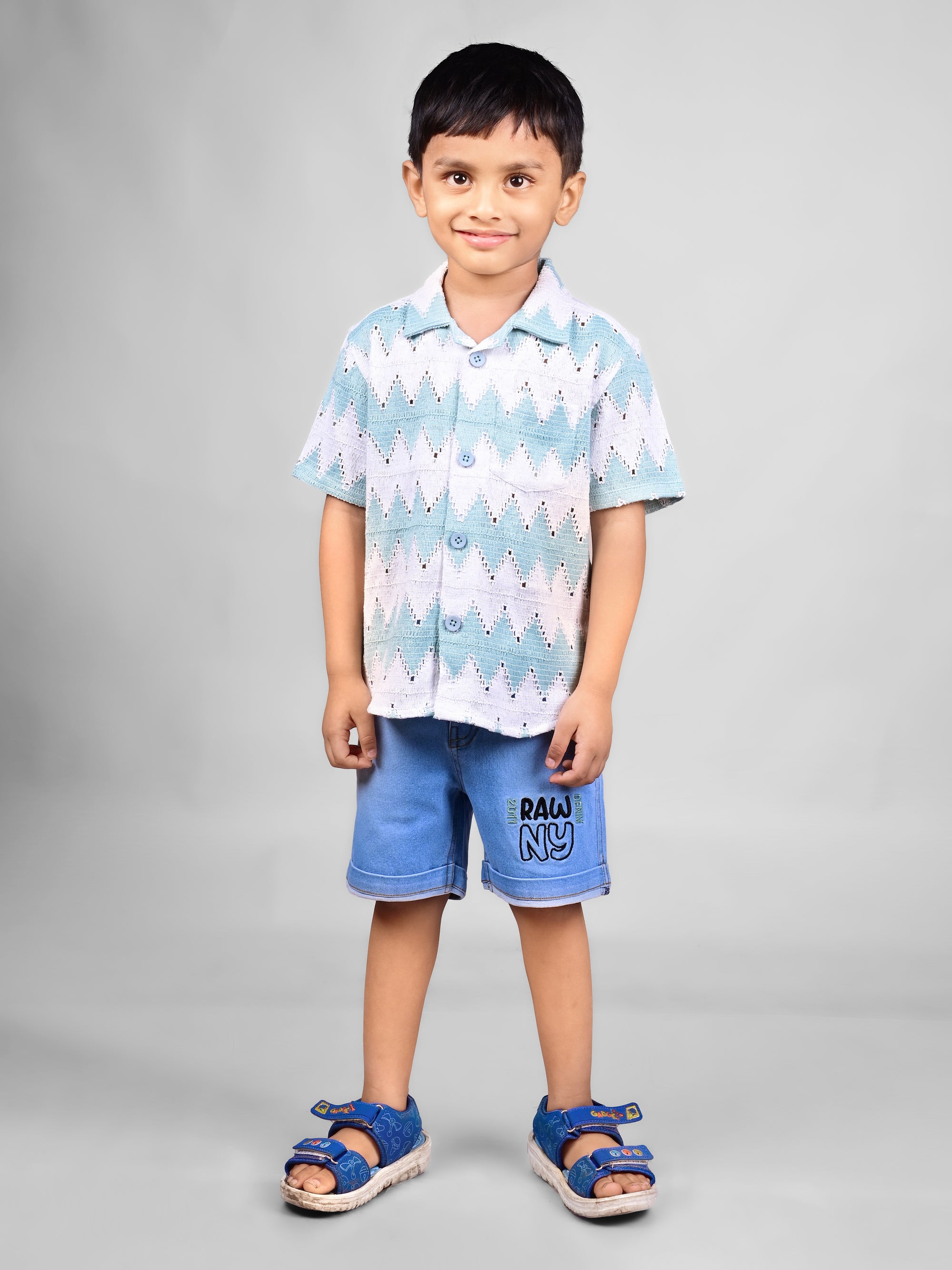 Dear To Dad Pure Cotton Half Sleeve Crochet Fabric Denim Boys Set B-HSD-828