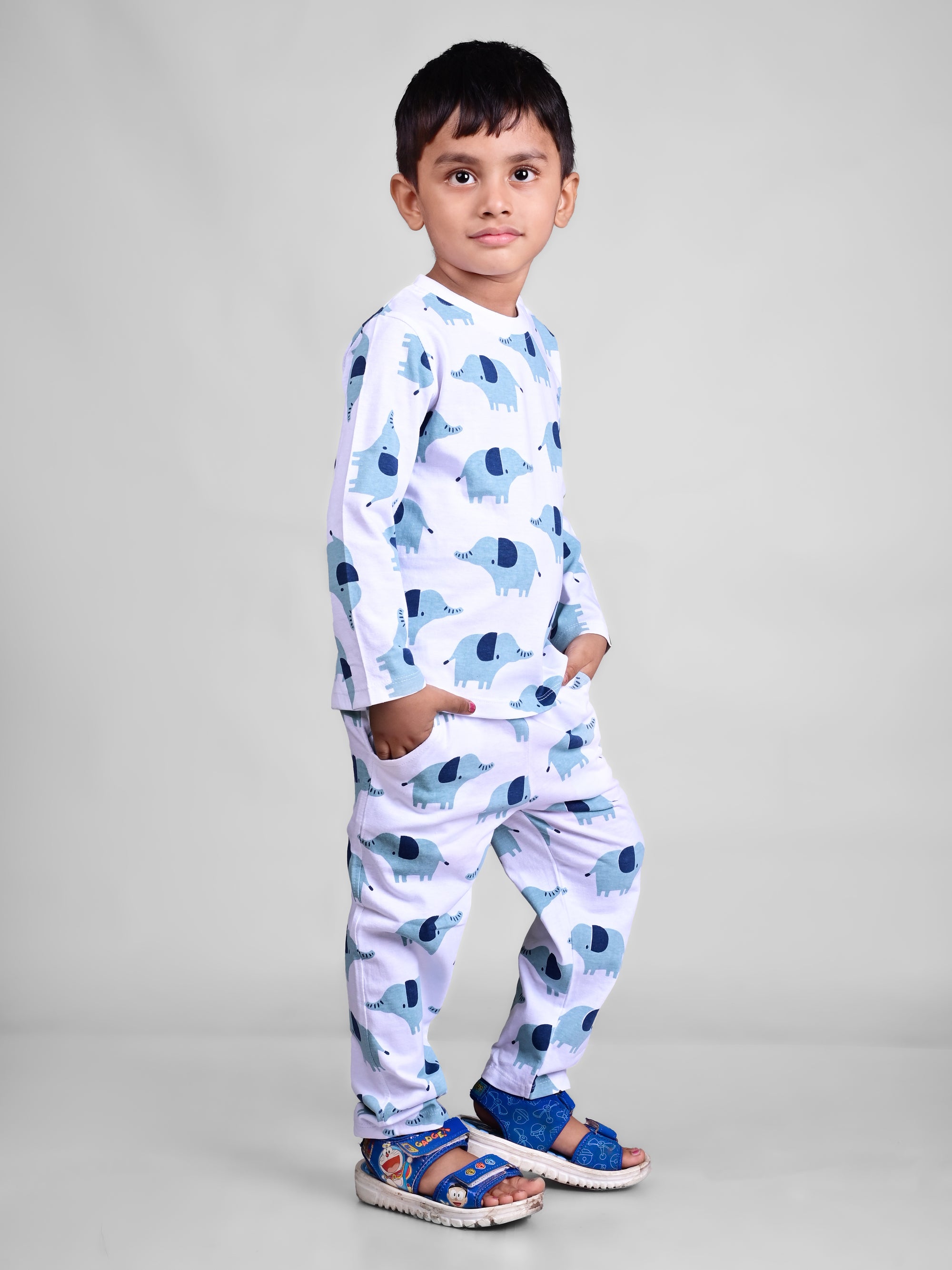 DTD Pure Cotton White Color All Over Elephant Printed Boys Full Sleeve Set B-FS-NS-07