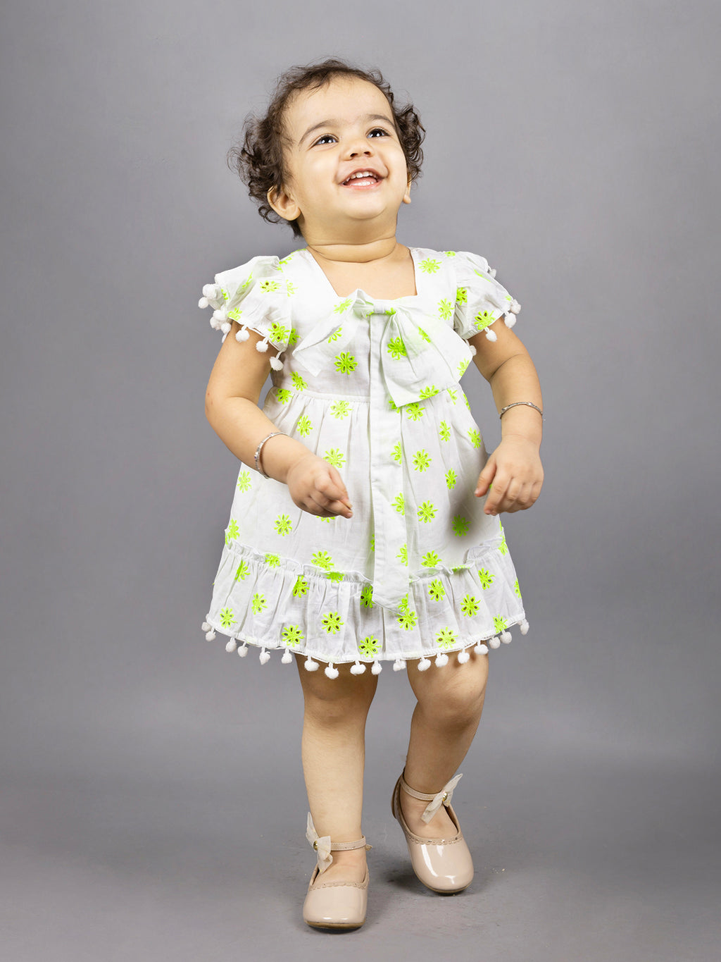 Dear To Dad Pure Cotton all over Hakoba Design Pom Pom work Baby Frock FRK-01Green/Orange