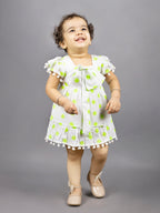 Dear To Dad Pure Cotton all over Hakoba Design Pom Pom work Baby Frock FRK-01Green/Orange