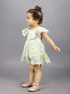 Dear To Dad Pure Cotton all over Hakoba Design Pom Pom work Baby Frock FRK-01Green/Orange