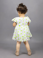 Dear To Dad Pure Cotton all over Hakoba Design Pom Pom work Baby Frock FRK-01Green/Orange