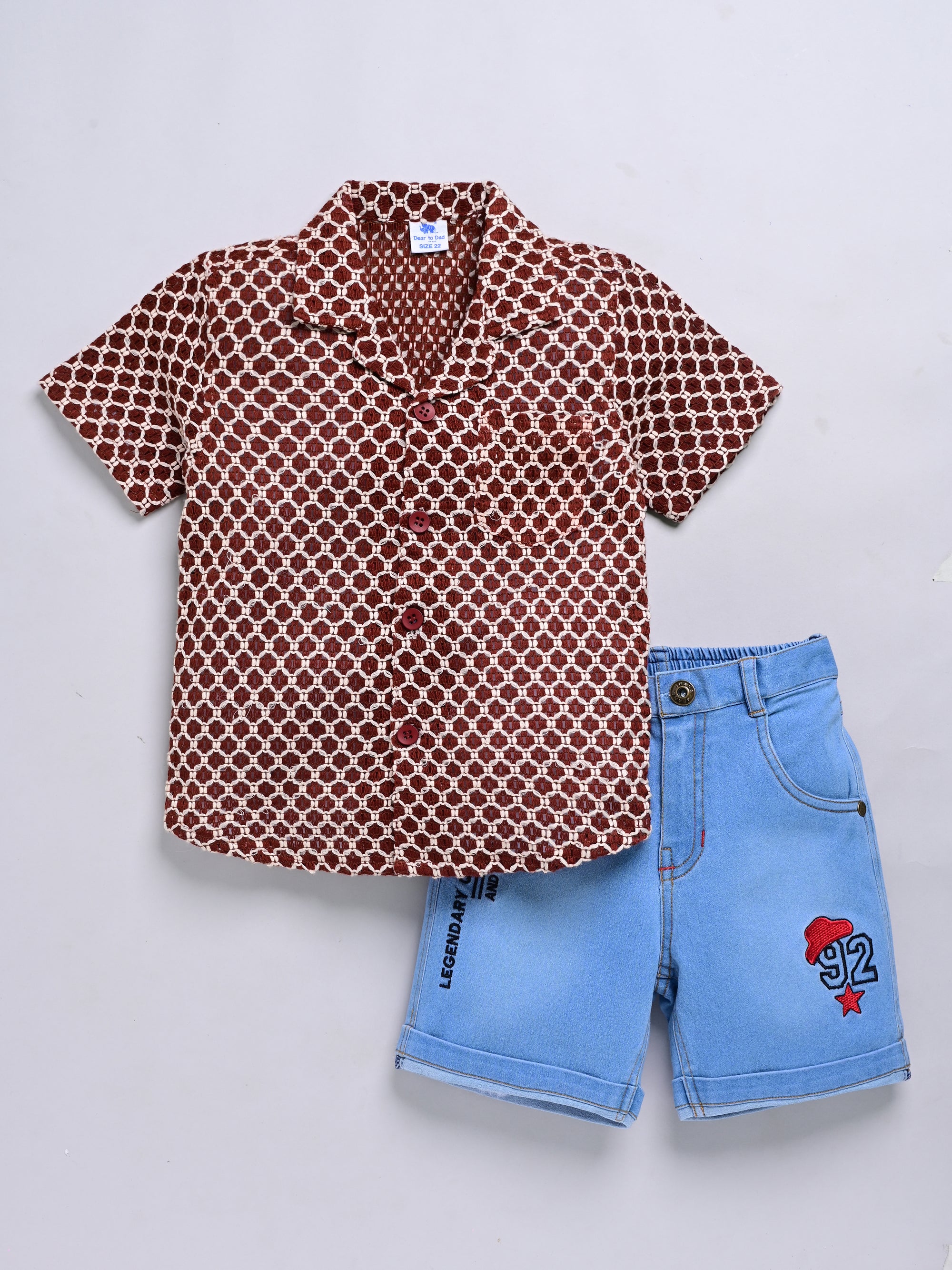 Dear To Dad Pure Cotton Half Sleeve Crochet Fabric Denim Boys Set B-HSD-829